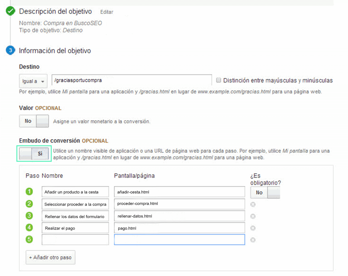 Guía para elegir y crear objetivos en Google Analytics - embudo objetivos