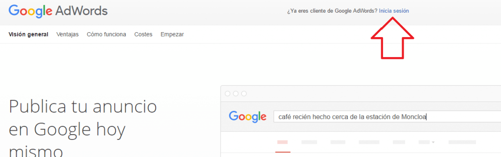 Cómo calcular las búsquedas de una keyword sin activar campañas en Adwords - logearse en adwords 1024x322