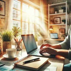 Las 100 mejores Ideas de Negocio rentables y novedosas para 2025 - DALL·E 2024 09 24 20.14.25 A bright and cheerful scene of a workspace where a person is typing on a laptop with a large window showing sunlight streaming into the room. There a 300x300