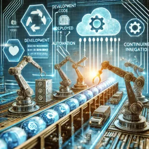 Diferencias y similitudes entre DevOps y Agile: La combinación perfecta - DALL·E 2024 09 15 11.45.16 A high tech image showing DevOps automation in action. The scene features a pipeline of software code being automatically tested deployed and integr 300x300