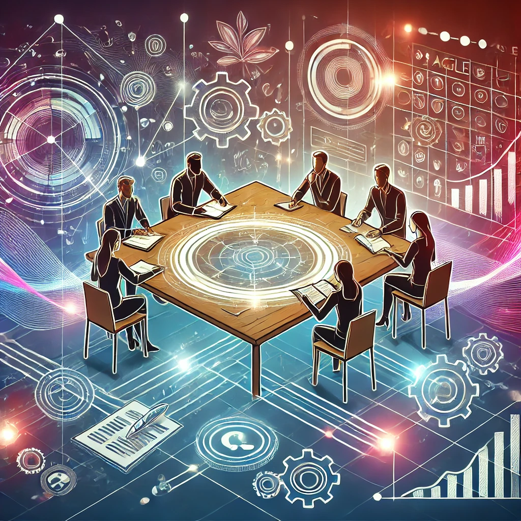 Qué es Crystal Agile Framework: Una metodología que se adapta a tu equipo - DALL·E 2024 09 27 17.49.14 A dynamic illustration representing the Crystal methodology in Agile. The image shows a collaborative team working together around a table with symbo